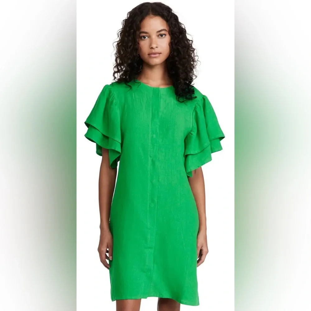 Fanm Mon 100% Linen Weave Snap Placket Short Flutter Sleeves Dress Size Medium M